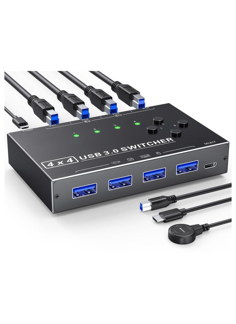 SYOSI - محول USB 3.0 لأربعة حواسيب، محدد محول USB بقوة 4 منافذ لمشاركة 4 أجهزة USB، مفتاح لوحة المفاتيح والفأرة مع كابلات USB، محول USB مع جهاز تحكم سلكي و 4 كابلات USB-B قياسية - Image 1
