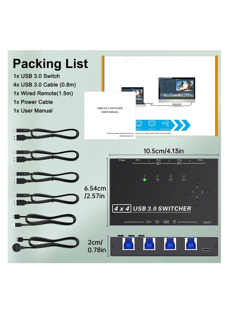 SYOSI - محول USB 3.0 لأربعة حواسيب، محدد محول USB بقوة 4 منافذ لمشاركة 4 أجهزة USB، مفتاح لوحة المفاتيح والفأرة مع كابلات USB، محول USB مع جهاز تحكم سلكي و 4 كابلات USB-B قياسية - Image 1