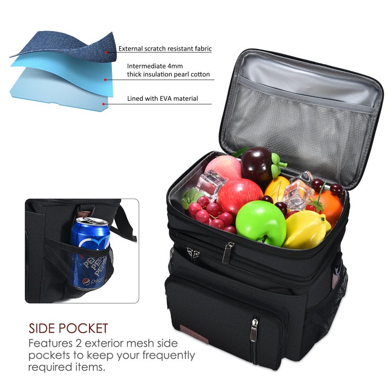 MIYCOO Lunch Bag & Lunch Box for Men Women, Double Deck Leakproof Insulated Soft Large Adult Camping Cooler bag for Work, Beach, Picnic, Travel (Black, 15L) - Image 4