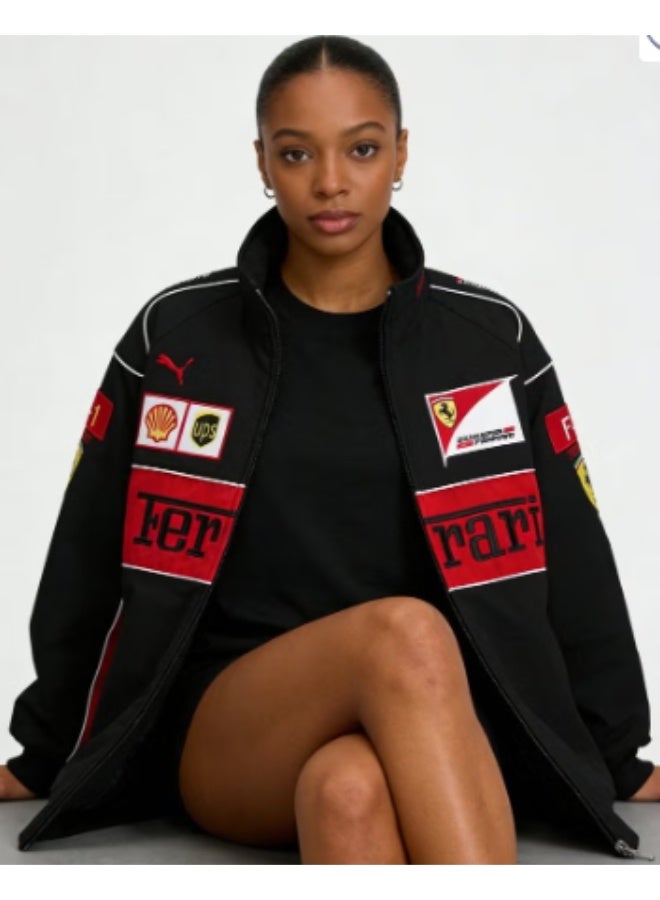 Ferrari x PUMA F1 Racing Jacket - Shell/UPS  Sponsor Badges, Black/Red Color Block, Embroidered Logo, Full-Zip Design, Unisex Motorsport Streetwear Coat - Image 4