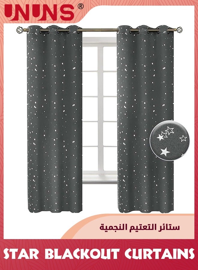 UNUNS Kids Stars Blackout Curtains,2 Panel Star Grommet,Thermal Insulated,Window Curtain Drapes For Light Blocking,Darkening Printed Curtains For Girls Boys Bedroom Living Room,Dark Grey 132x213cm - Image 1