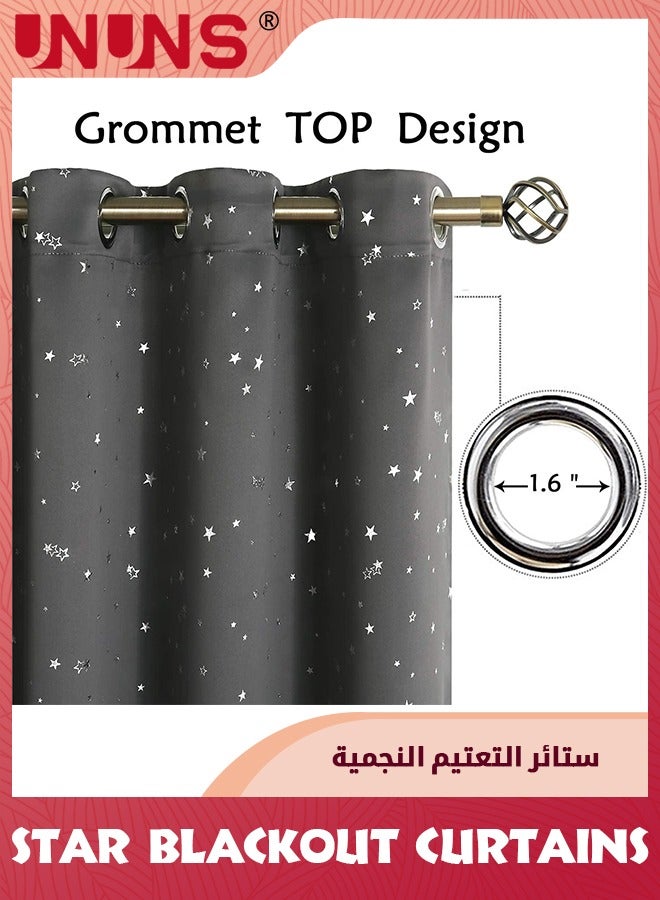 UNUNS Kids Stars Blackout Curtains,2 Panel Star Grommet,Thermal Insulated,Window Curtain Drapes For Light Blocking,Darkening Printed Curtains For Girls Boys Bedroom Living Room,Dark Grey 132x213cm - Image 2