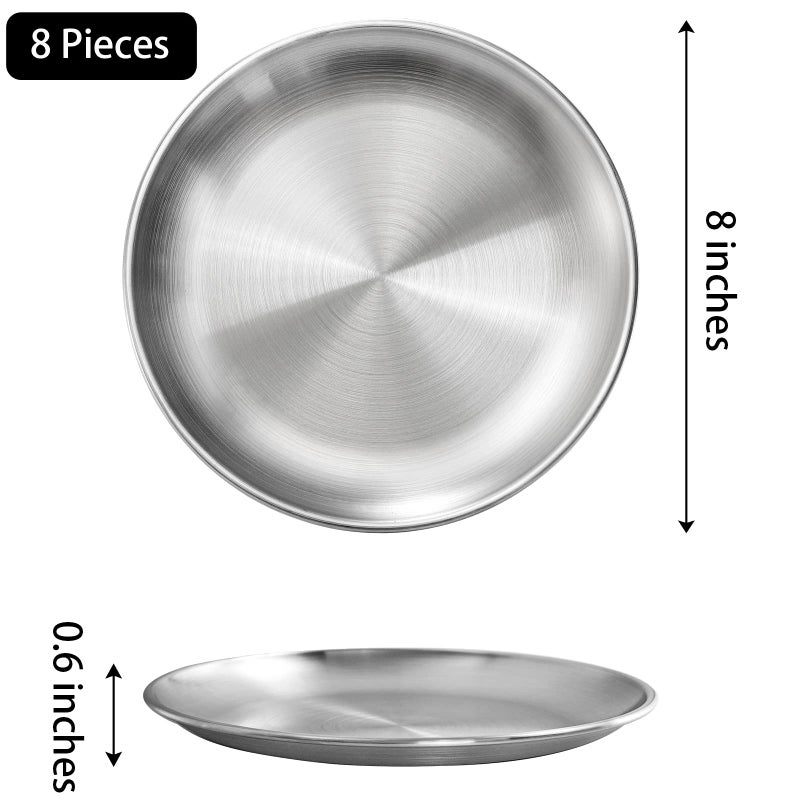 Fasmov 8 Pack 8 inches 18/8 Stainless Steel Plates  Metal 304 Dinner Dishes Serving Camping Plates for Picnic Outdoor Camping  Reusable and Dishwasher Safe - Image 2