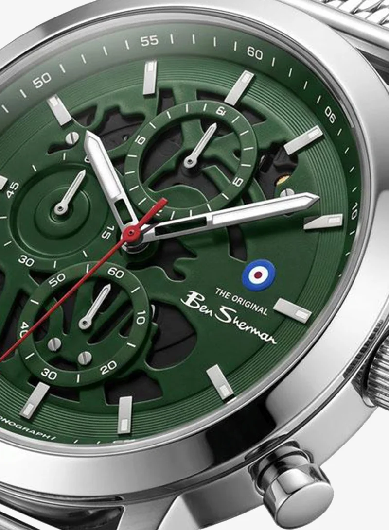 بين شيرمان Nottingham Green Dial Stainless Steel Bracelet Chronograph Watch for Men, 44mm