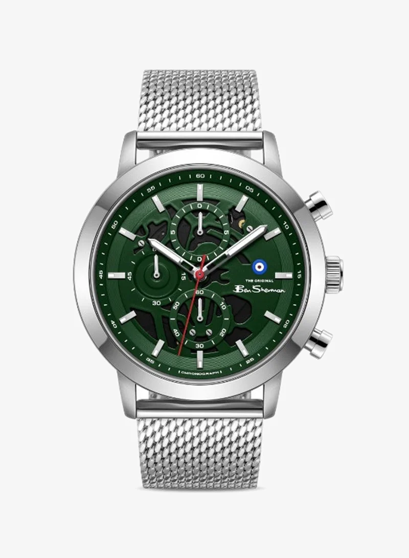 بين شيرمان Nottingham Green Dial Stainless Steel Bracelet Chronograph Watch for Men, 44mm