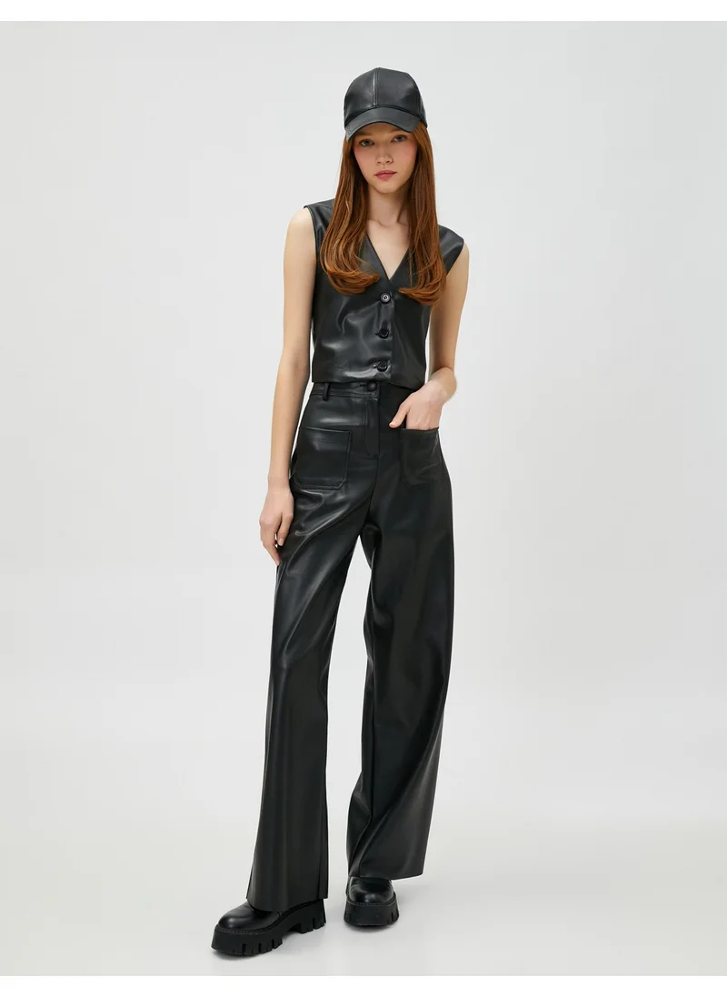 كوتون Leather Look Vest V-Neck Buttoned