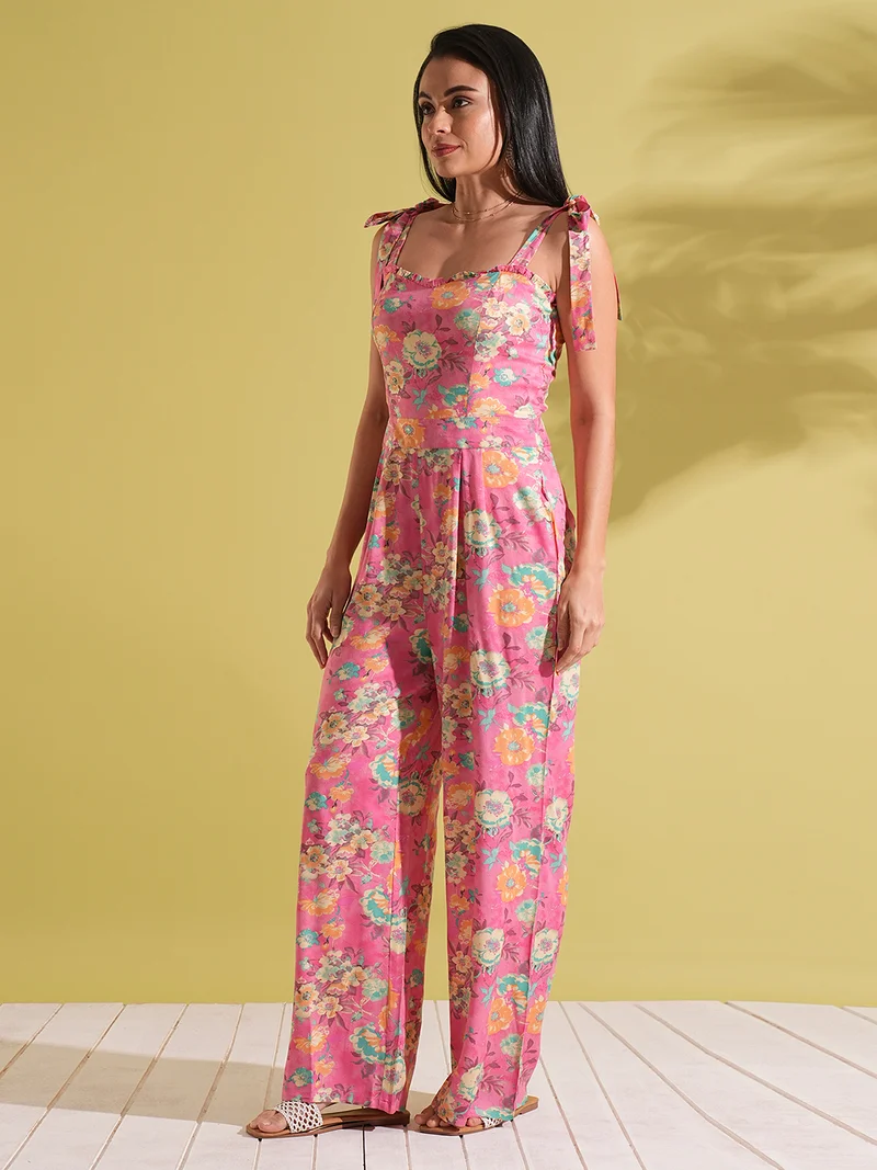globus Women Frill Detail Sweetheart Neck Tie-Up Strappy Shoulder Floral Print Fusion Jumpsuit