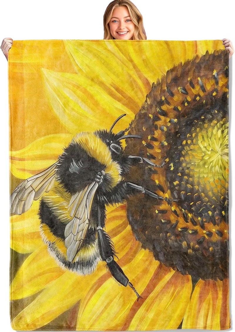 MIEPOS Bee & Sunflowers Throw Blanket – Soft, Cozy, and Lightweight Decor Flannel Blanket Ideal for Couch, Office, and Travel – Fuzzy, Fluffy, Plush Warmth for Women Girls 60×50 Inch - Image 1