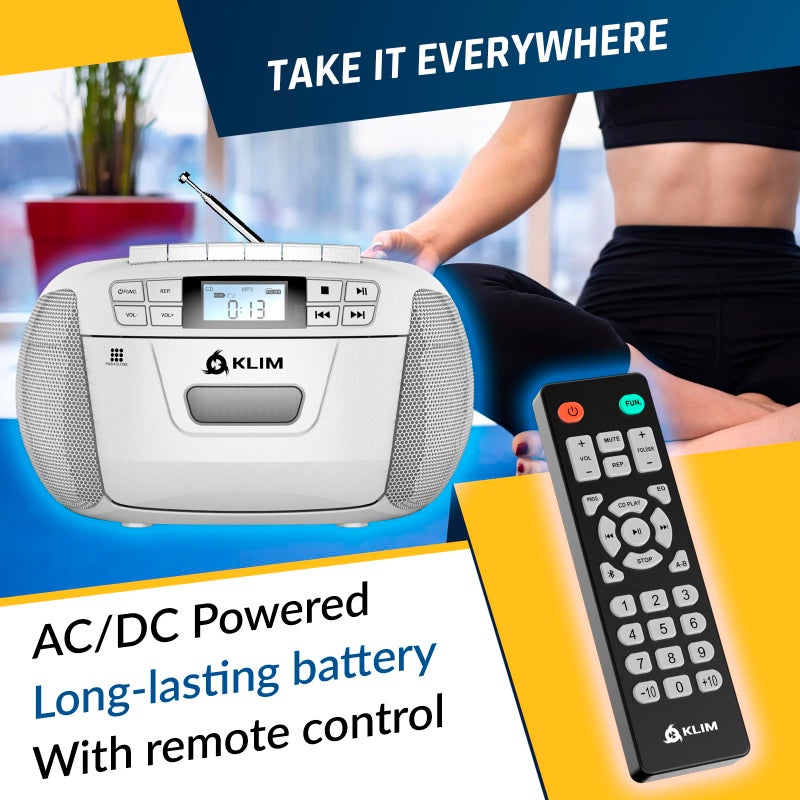 KLIM CD Player & Cassette Tape Player, Bluetooth Boombox, AM/FM Radio, Stereo Sound, Remote, CD and Cassette Combo, Tape Recording, USB Drive, AUX, AC/DC Powered - White - Image 5