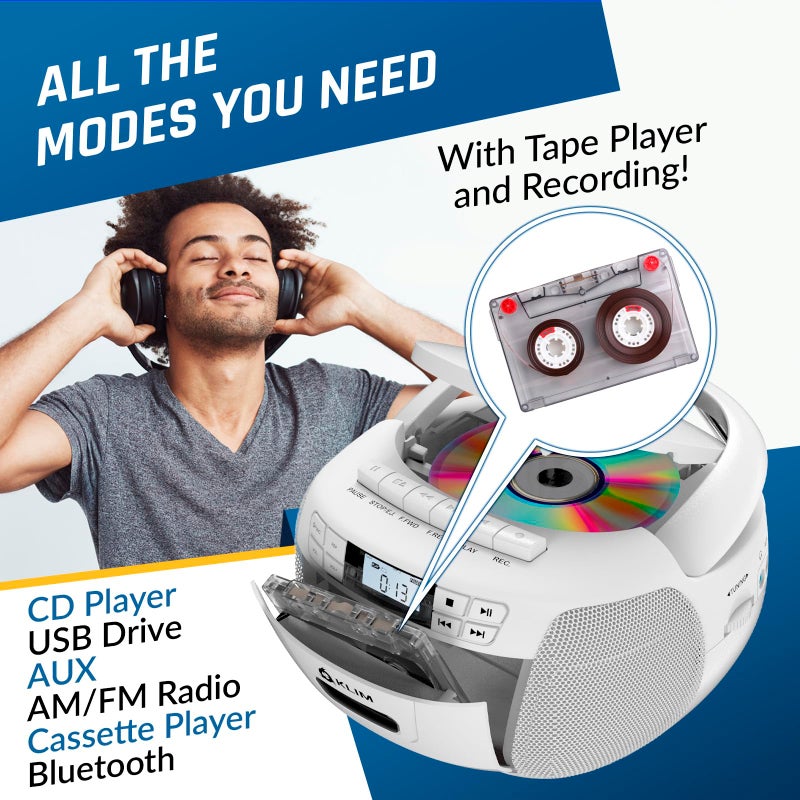 KLIM CD Player & Cassette Tape Player, Bluetooth Boombox, AM/FM Radio, Stereo Sound, Remote, CD and Cassette Combo, Tape Recording, USB Drive, AUX, AC/DC Powered - White - Image 3
