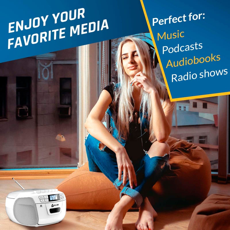 KLIM CD Player & Cassette Tape Player, Bluetooth Boombox, AM/FM Radio, Stereo Sound, Remote, CD and Cassette Combo, Tape Recording, USB Drive, AUX, AC/DC Powered - White - Image 4