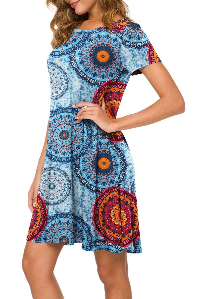 POPYOUNG 2025 Women's Summer Casual T-Shirt Dresses Crew Neck Beach Cover Up Sun Dress Medium, Floral Mixed Blue - Image 2