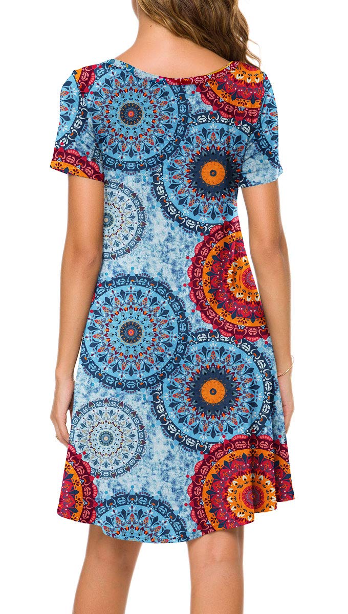 POPYOUNG 2025 Women's Summer Casual T-Shirt Dresses Crew Neck Beach Cover Up Sun Dress Medium, Floral Mixed Blue - Image 3