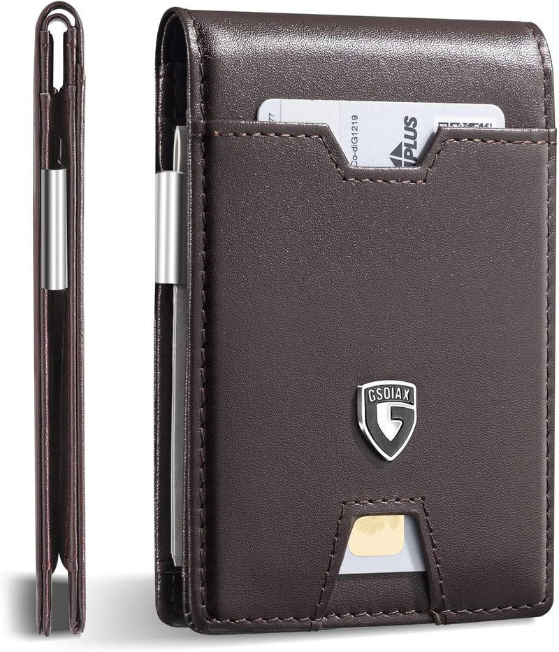 GSOIAX Mens Slim Wallet with Money Clip,RFID Blocking Minimalist Genuine Leather Carbon Fiber Wallet, 11 Card Slots Bifold Credit Card Holder With Gift Box (Leather Coffee) - Image 1