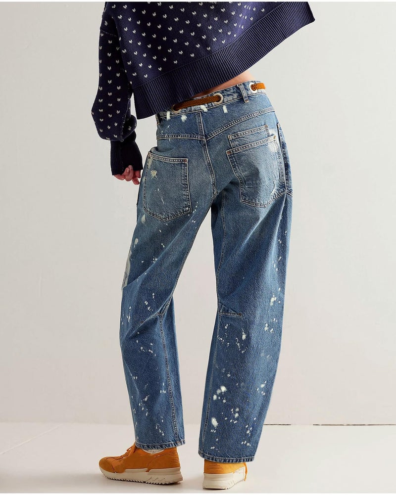 LifeShe Women's Baggy Barrel Jeans Casual Boyfriend Mid Rise Drawstring Wide Leg Denim Pants A-Light Blue - Image 2