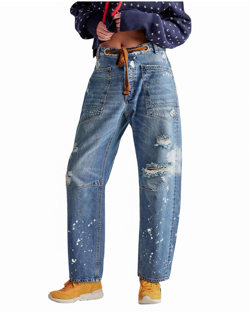 LifeShe Women's Baggy Barrel Jeans Casual Boyfriend Mid Rise Drawstring Wide Leg Denim Pants A-Light Blue - Image 1
