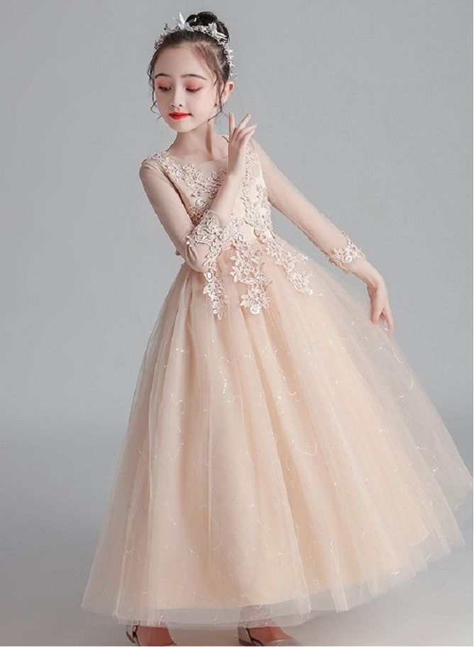 Best Gift Fashion Girl'S Long Sequin Gown With Long Sleeves For birthday Party Dress Champagne Color - Image 2