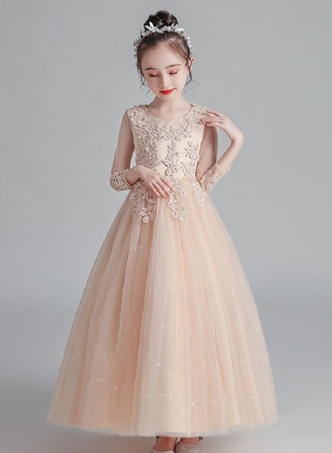 Best Gift Fashion Girl'S Long Sequin Gown With Long Sleeves For birthday Party Dress Champagne Color - Image 3