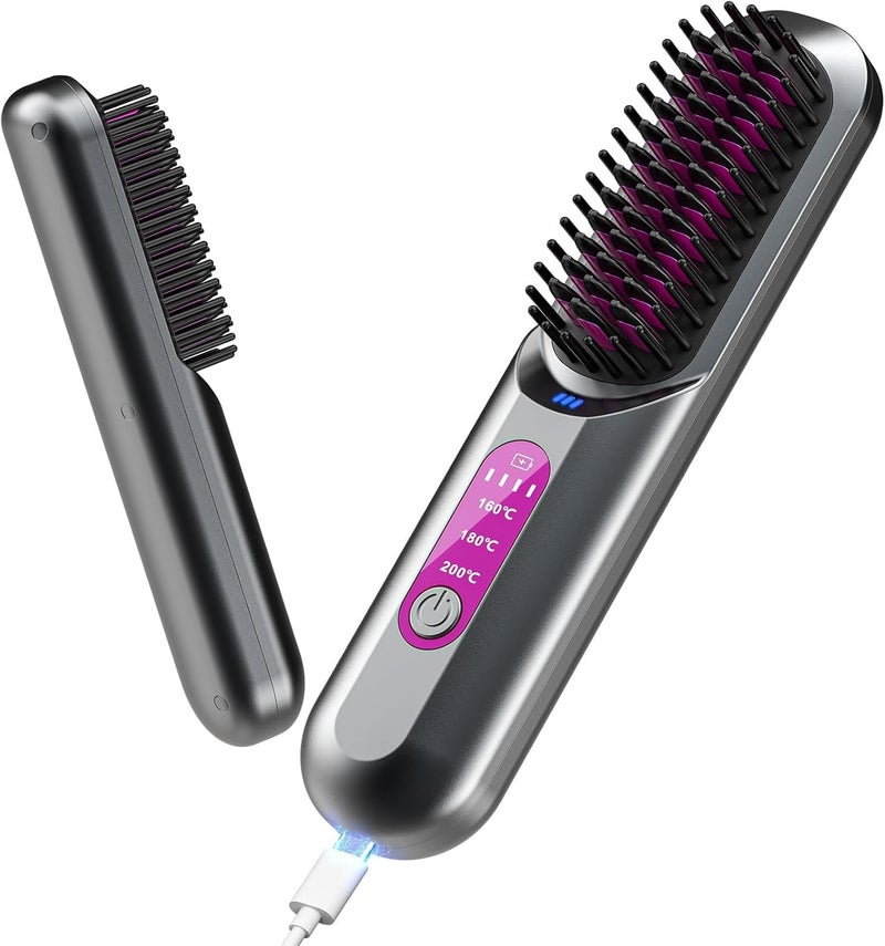KASTWAVE Cordless Hair Straightener Brush, Portable Straightening Brush for Travel, Mini Ionic Hair Beard Brush Straightener for Men, Hair Straightener Brush USB Rechargeable for Women - Image 1