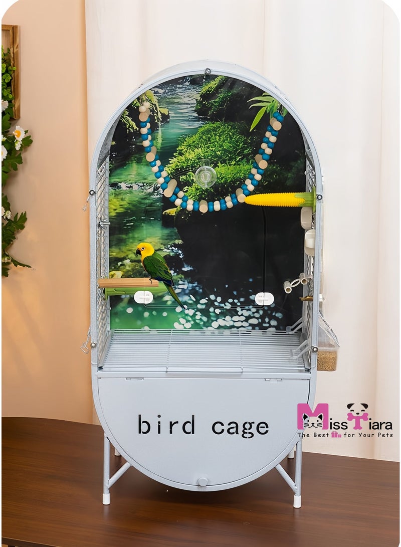 MissTiara Large Bird Cage , Bird Villa for Parrots, Budgies, Cockatiels - Multi Bird Habitat with Landscape Backboard, Pull-Out Tray , size: 37.5*72*28cm - Image 3