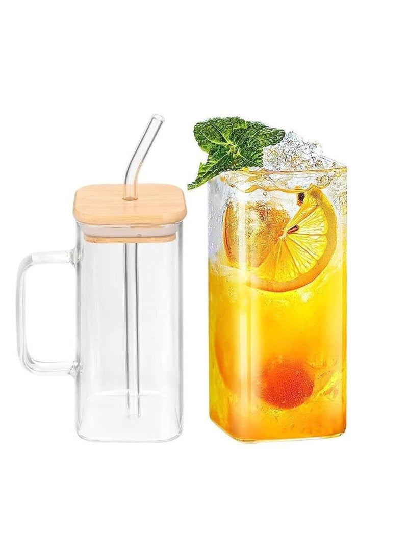 eBasket (2 pieces) of square glass mug with straw and wooden lid 300 ml  - Image 1