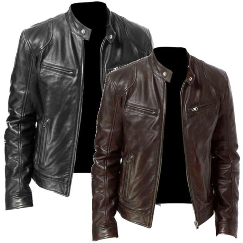 2025 Export Logo Printed Leather Jacket Men'S Stand Collar Autum New Motorcycle Leather Jacket Youth Large Size Jacket