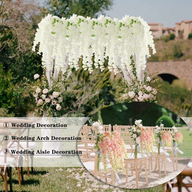 dallisten Dailisen 3 Strands 40'' Silk White Wisteria Artificial Flowers, Fake Wisteria Floral Hanging Plant Garland, for Home Decor, Party, Floor Vase, Balcony, Wedding Arrangement Decoration (White) - Image 4