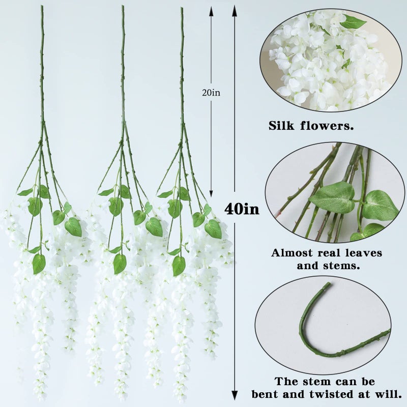dallisten Dailisen 3 Strands 40'' Silk White Wisteria Artificial Flowers, Fake Wisteria Floral Hanging Plant Garland, for Home Decor, Party, Floor Vase, Balcony, Wedding Arrangement Decoration (White) - Image 2