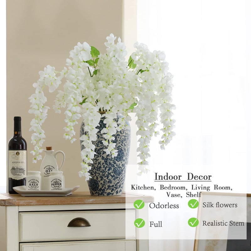 dallisten Dailisen 3 Strands 40'' Silk White Wisteria Artificial Flowers, Fake Wisteria Floral Hanging Plant Garland, for Home Decor, Party, Floor Vase, Balcony, Wedding Arrangement Decoration (White) - Image 3