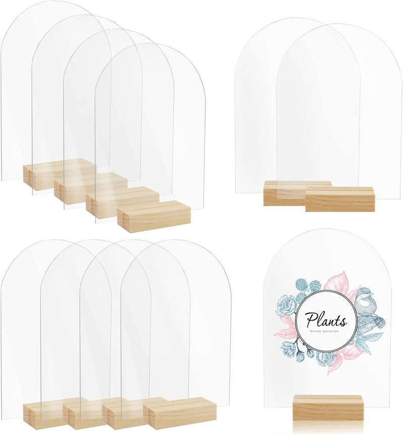 Bercoor 10 Pack 5x7 Inch Blank Clear Arch Acrylic Sign with Wooden Stands, Arched Round Top Acrylic Sheet, DIY Acrylic Arch Table Numbers for DIY Name Card Gifts Event Party Sign Decoration - Image 1