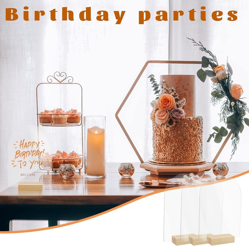 Bercoor 10 Pack 5x7 Inch Blank Clear Arch Acrylic Sign with Wooden Stands, Arched Round Top Acrylic Sheet, DIY Acrylic Arch Table Numbers for DIY Name Card Gifts Event Party Sign Decoration - Image 5