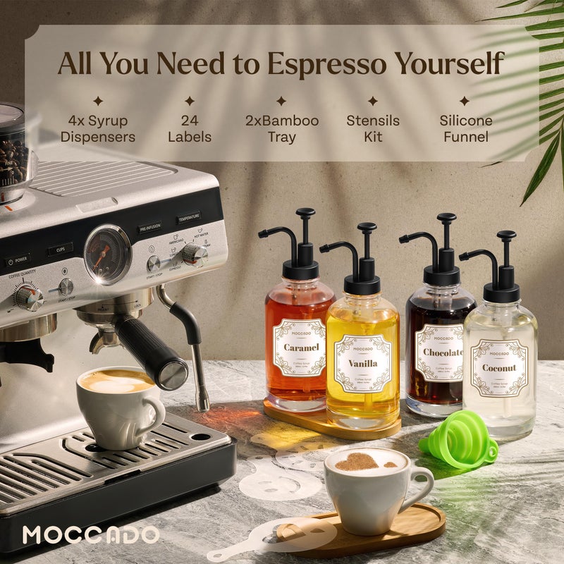 Moccado Glass Coffee Syrup Dispenser for Coffee Bar - Set of 4 Black 16.9 oz / 500 ml Glass Syrup Bottles, Includes 2 Bamboo Trays, 16 Stencils, Labels, Syrups Pumps - Image 2