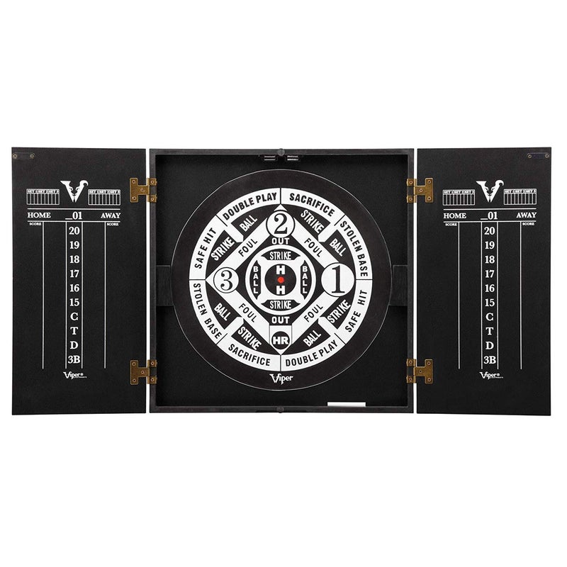 Viper Hideaway Dartboard Cabinet Set with Steel-Tip Dart Board, Reversible Board with Baseball Game Option, Two Sets of Darts, Chalk Scoreboards, and Matte Black Finish - Image 4