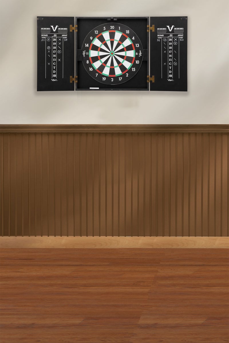 Viper Hideaway Dartboard Cabinet Set with Steel-Tip Dart Board, Reversible Board with Baseball Game Option, Two Sets of Darts, Chalk Scoreboards, and Matte Black Finish - Image 2