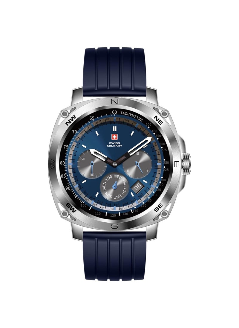 SWISS MILITARY - Swiss Military DOM4 Smartwatch 1.43" AMOLED, Bluetooth Calling, Multi Language, Health & Sports Tracking, Wireless Charging, 7 Days Battery, IP67, iOS/Android Compatible, Silver Frame with Blue Strap - Image 1
