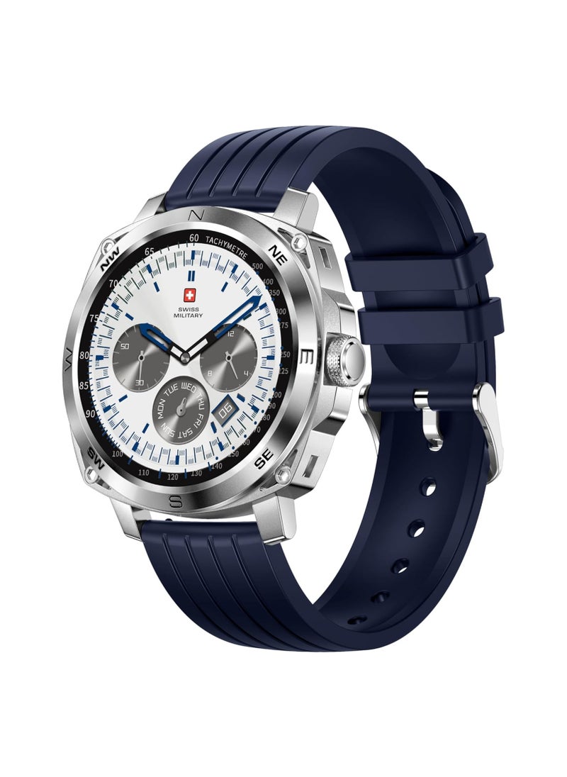 SWISS MILITARY - Swiss Military DOM4 Smartwatch 1.43" AMOLED, Bluetooth Calling, Multi Language, Health & Sports Tracking, Wireless Charging, 7 Days Battery, IP67, iOS/Android Compatible, Silver Frame with Blue Strap - Image 1