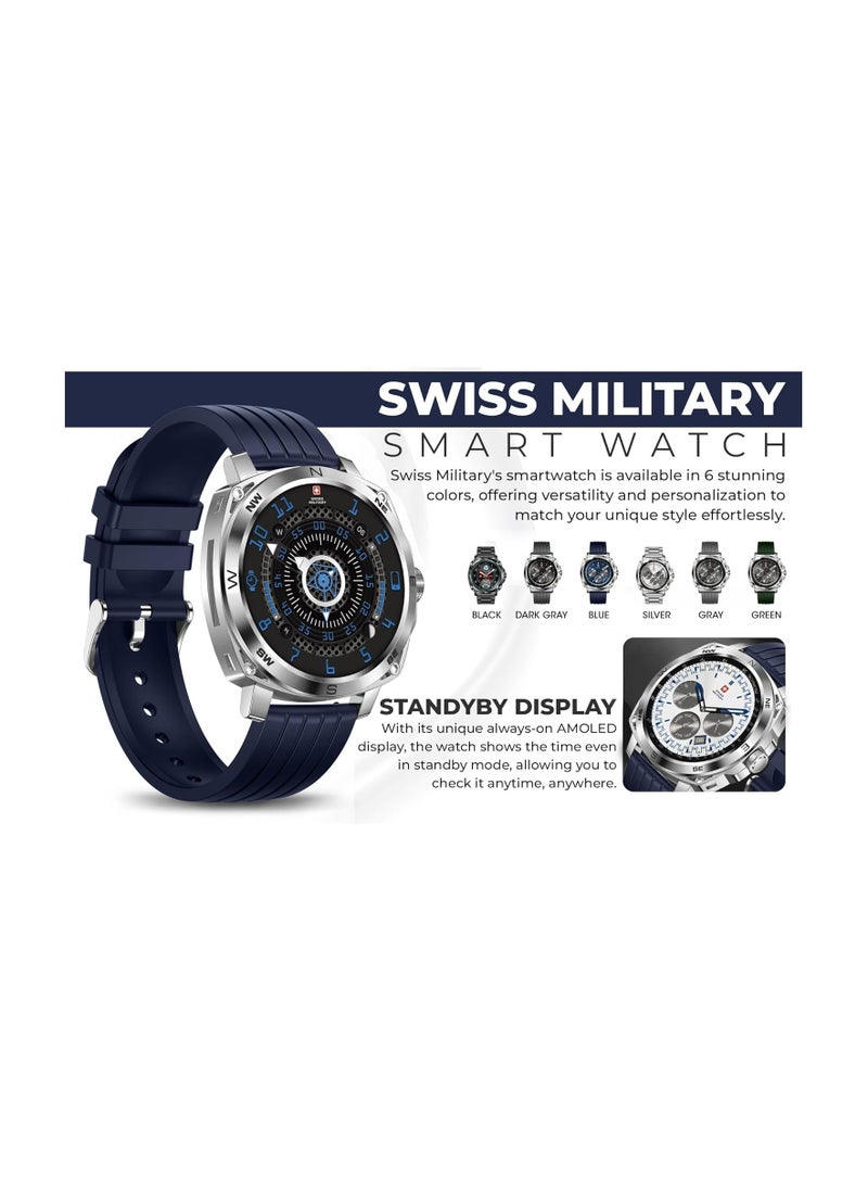 SWISS MILITARY - Swiss Military DOM4 Smartwatch 1.43" AMOLED, Bluetooth Calling, Multi Language, Health & Sports Tracking, Wireless Charging, 7 Days Battery, IP67, iOS/Android Compatible, Silver Frame with Blue Strap - Image 1