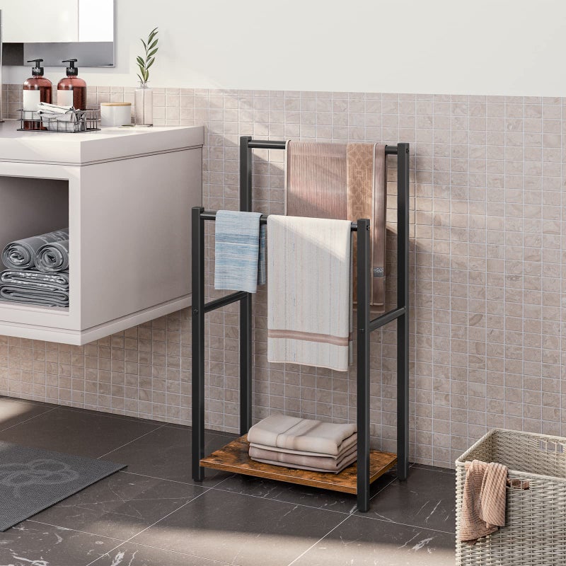 HOOBRO Free Standing Towel Rack for Bathroom, 2 Tier Blanket Rack, 16.5" L x 9.4" W x 31.5" H, Blanket Holder, Drying and Display Rack with Shelf, Rustic Brown and Black BF02LB01 - Image 3