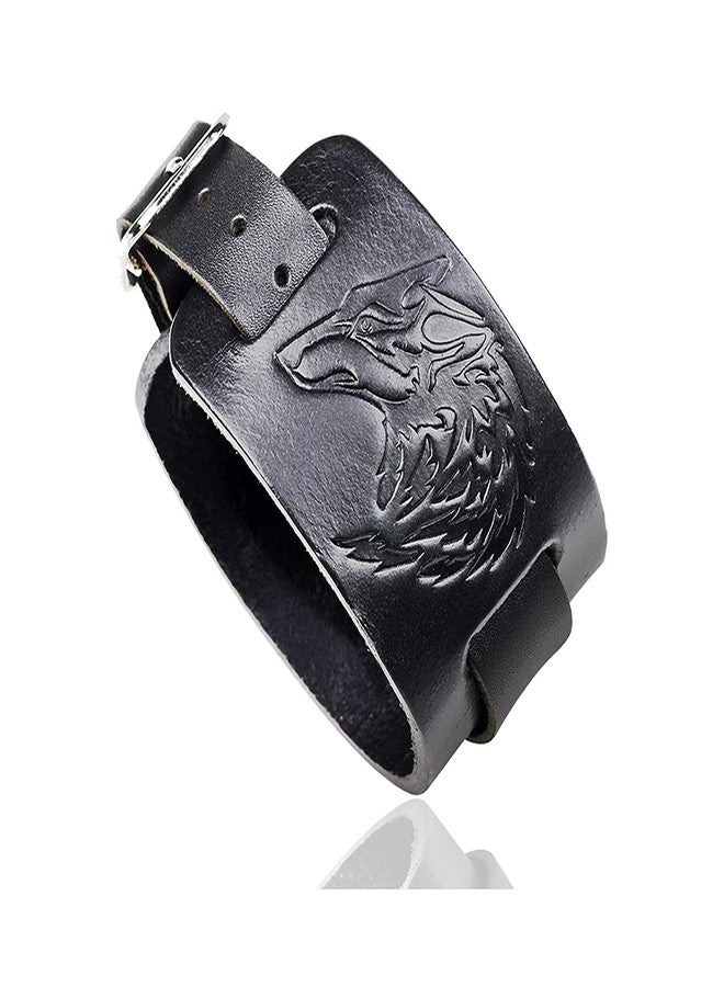 Fusamk Punk Belt Buckle Wristband Wolf Wide Leather Bracelet,7.0-8.0inches - Image 1