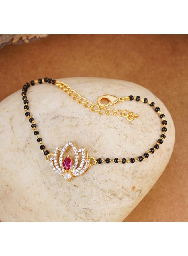 VOYLLA Shimmering Floret CZ Golden Brass Black Beaded Mangalsutra Bracelet - Image 4