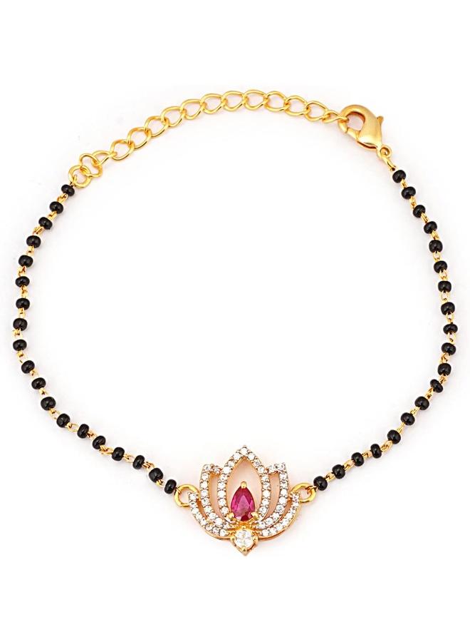 VOYLLA Shimmering Floret CZ Golden Brass Black Beaded Mangalsutra Bracelet - Image 2
