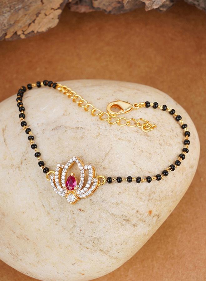 VOYLLA Shimmering Floret CZ Golden Brass Black Beaded Mangalsutra Bracelet - Image 1