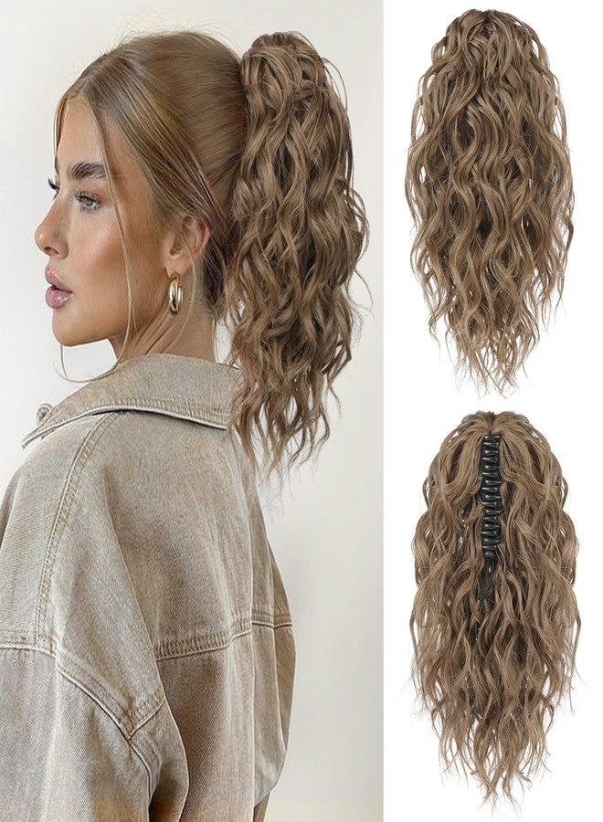 Flufymooz Ponytail Extension, 12" Short Claw Ponytail Extension Wavy Curly Jaw Clip in Pony Tail Hairpiece Natural Synthetic Hairpiece for Women (Brown Ash Blonde) - Image 1