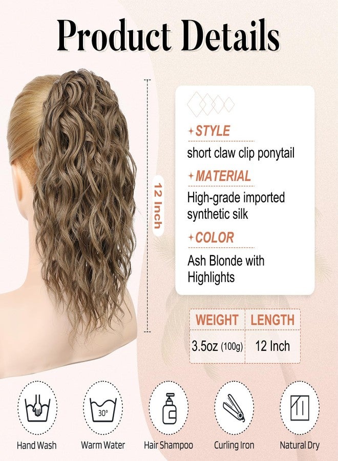 Flufymooz Ponytail Extension, 12" Short Claw Ponytail Extension Wavy Curly Jaw Clip in Pony Tail Hairpiece Natural Synthetic Hairpiece for Women (Brown Ash Blonde) - Image 3