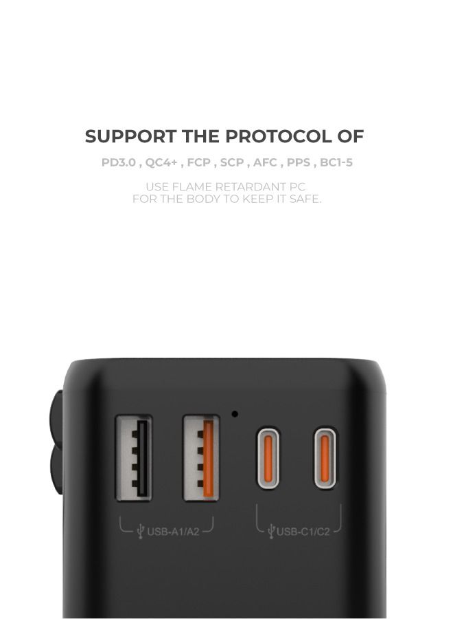 blupebble Passport Two 65W World Travel Adapter | 2 USB-C PD & 2 USB-A QC 3.0 Ports | Universal Power Plug for EU/UK/US/AU – Fast Charging for Phones, Laptops & Tablets - Image 4