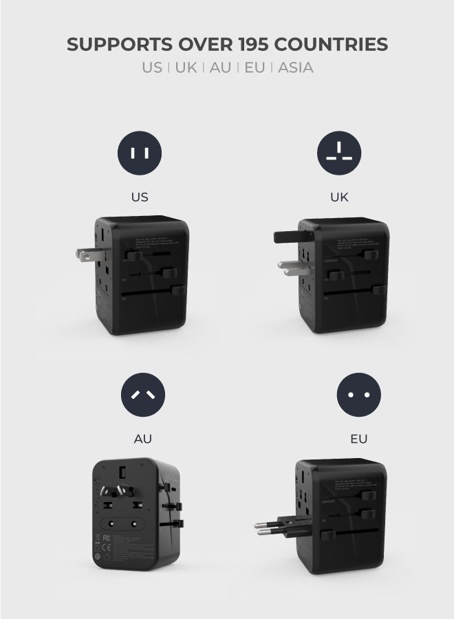 blupebble Passport Two 65W World Travel Adapter | 2 USB-C PD & 2 USB-A QC 3.0 Ports | Universal Power Plug for EU/UK/US/AU – Fast Charging for Phones, Laptops & Tablets - Image 5