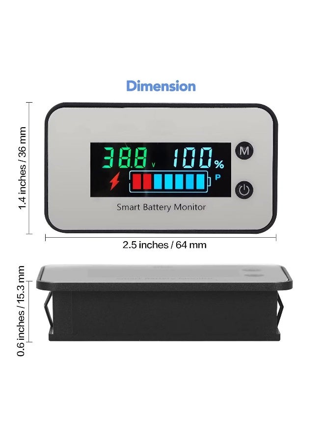 Battery Monitor 12V 24V 36V 48V 60V 72V Voltage Monitor Digital Battery Capacity Tester Percentage Level Voltage Temperature Switch Meter Gauge with Buzzer Alarm