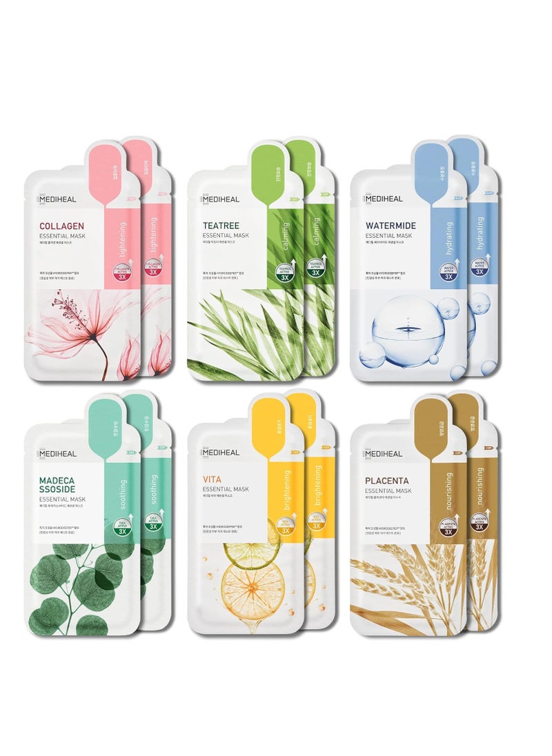 MEDIHEAL Mediheal Sheet Mask New Essential HERO 12 pack (Collagen, Tea Tree, Placenta, Madecassoside, Vita, Watermide)| Korean Skincare Facial Sheet Mask Combo, Moisturizing, Soothing and for Blemishes  - Image 1