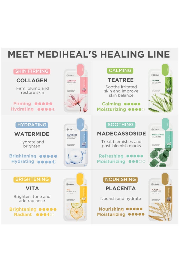 MEDIHEAL Mediheal Sheet Mask New Essential HERO 12 pack (Collagen, Tea Tree, Placenta, Madecassoside, Vita, Watermide)| Korean Skincare Facial Sheet Mask Combo, Moisturizing, Soothing and for Blemishes  - Image 3