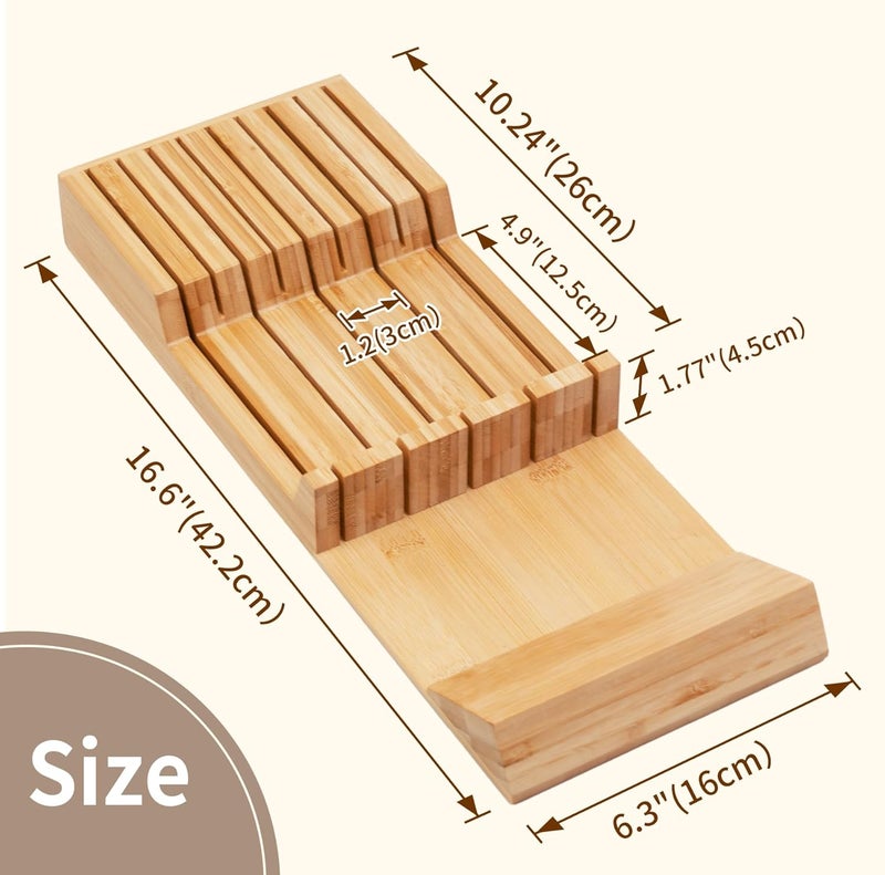 Utoplike Knife Drawer Organiser Bamboo Knives Block for Kitchen, Large Handle Steak Holder, Fit for 9 Knives (Not Included) - Image 3